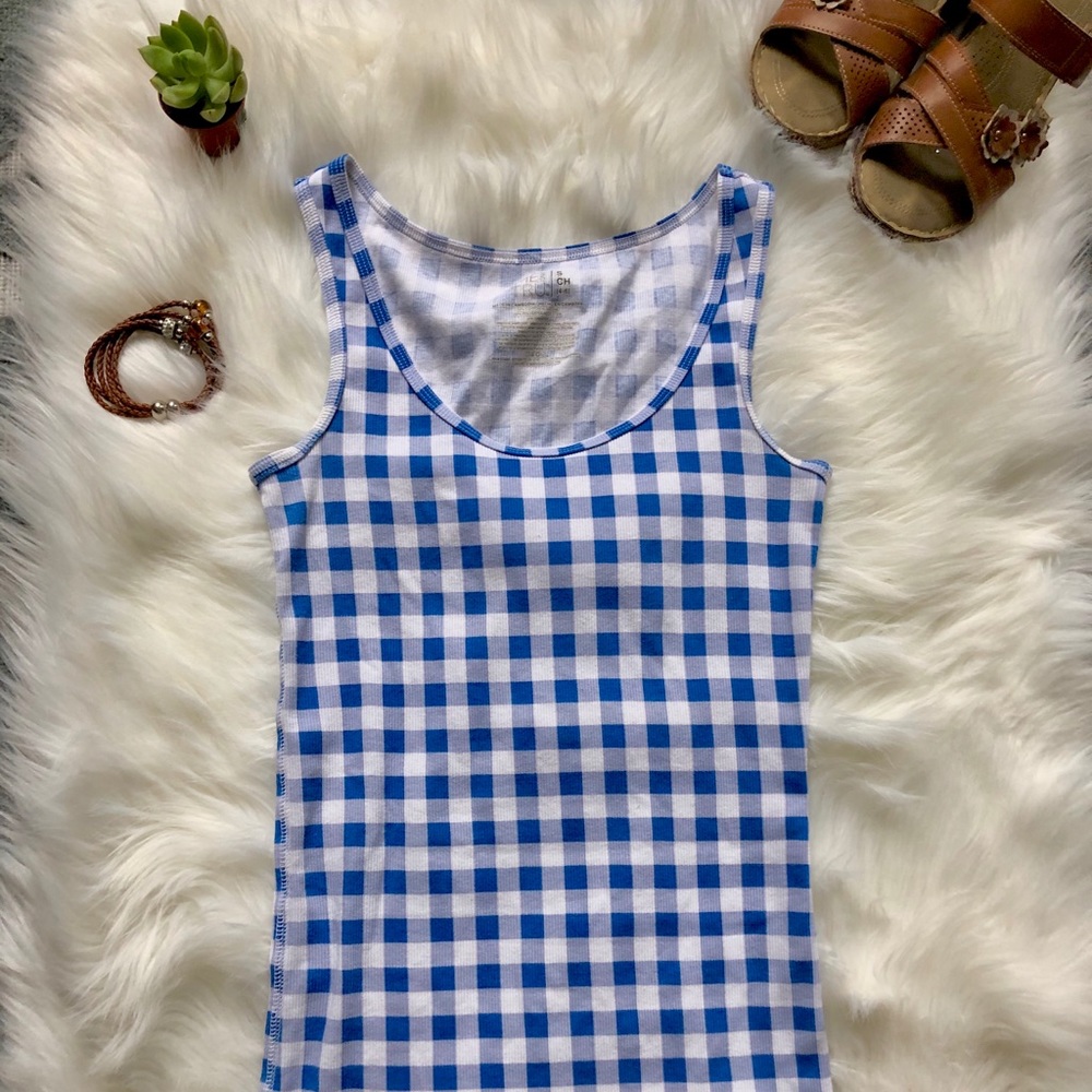 Blue/White Gingham Plaid Cotton Tank Top